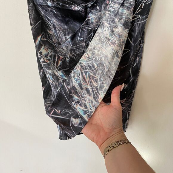 Helmut Lang SILK Cellophane Print Faux Tulip Hem Wrap Skirt Black Silver & Blue - Picture 5 of 12